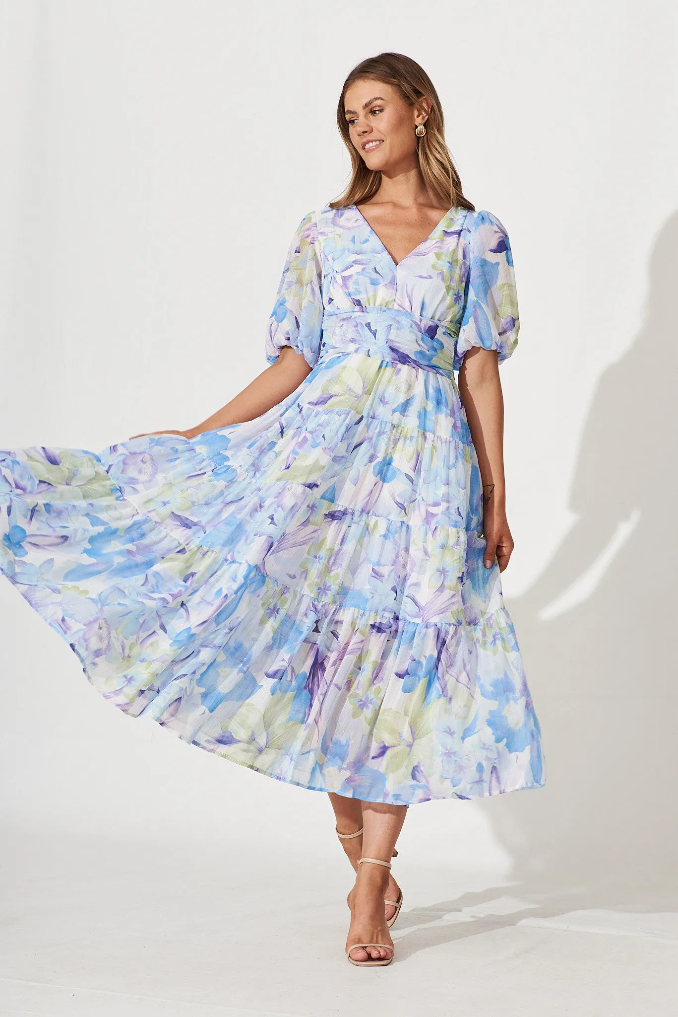 Celine Midi Dress In Blue With Green Watercolour Floral Print