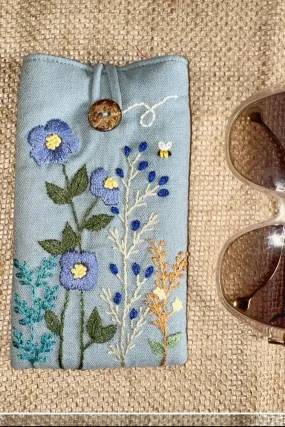 Flower Embroidered Soft Linen Glasses Case
