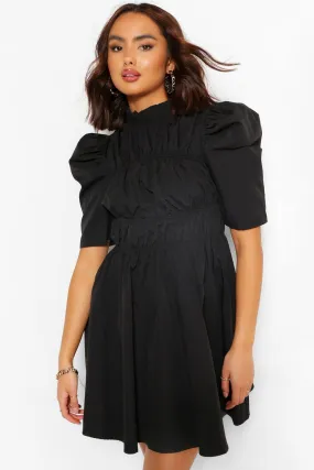 High Neck Ruched Detail Puff Sleeve Skater Dress