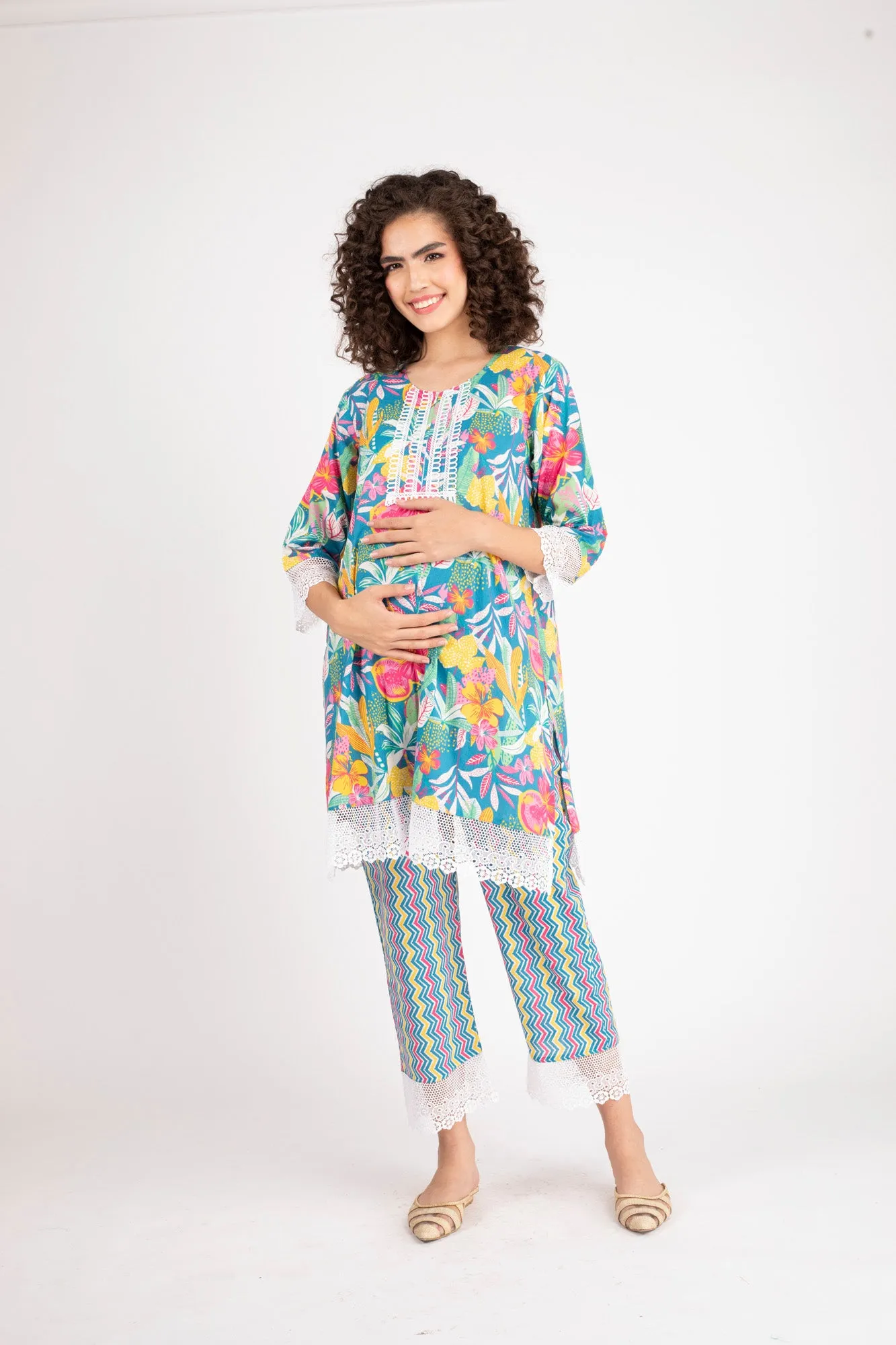 Jade Blue Maternity & Nursing Kurta + Bottom + Dupatta (3 Pc)