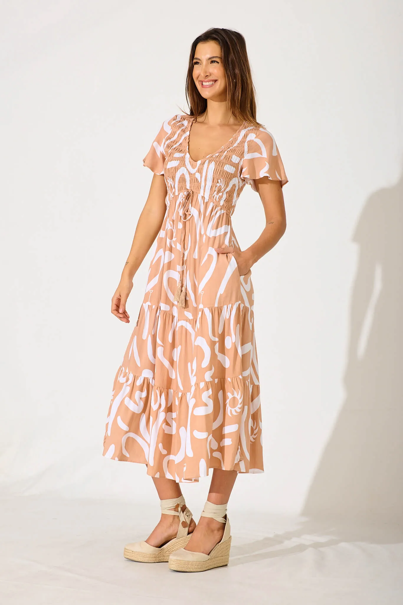 Ray Of Light Midi Dress In Beige With White Print