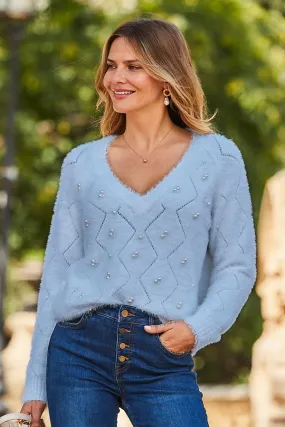Soft Blue Pointelle Pearl Embellished Jumper
