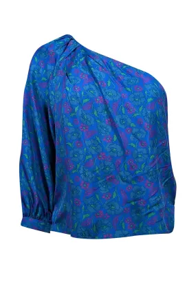 Veronica Beard - Blue w/ Magenta & Green Floral Print Silk One Shoulder Top Sz 6